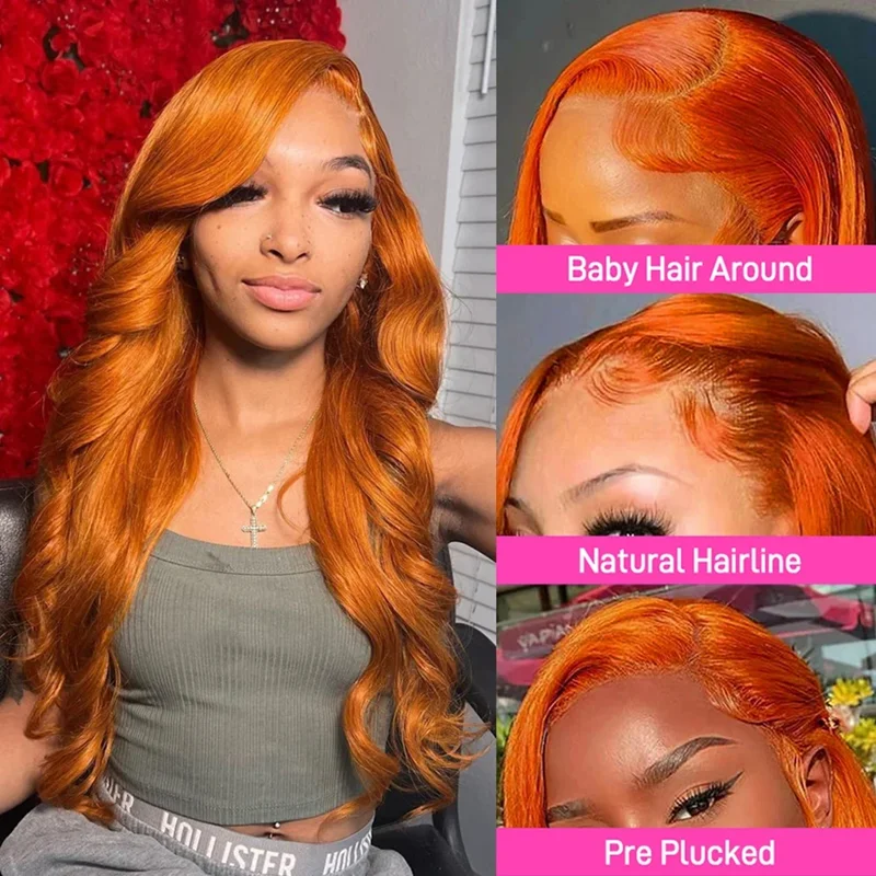 Perruque Lace Front Wig Body Wave 100% naturelle, cheveux humains, orange, 13x6, sans colle, pre-plucked, pour femmes