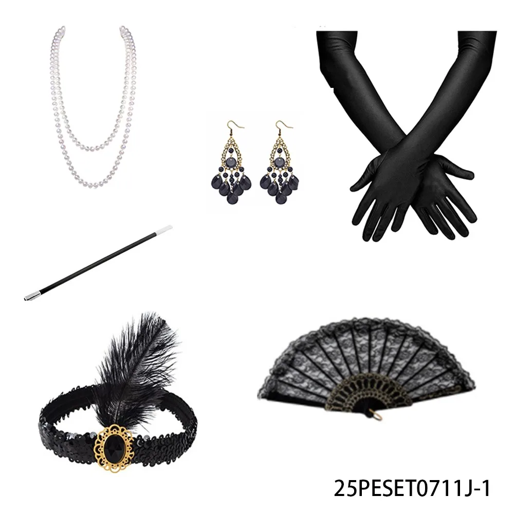 PESNEAR 1920er Jahre Vintage Flapper Zubehör Set Halskette Ohrringe Handschuhe Zigarettenspitze Stirnband Fan