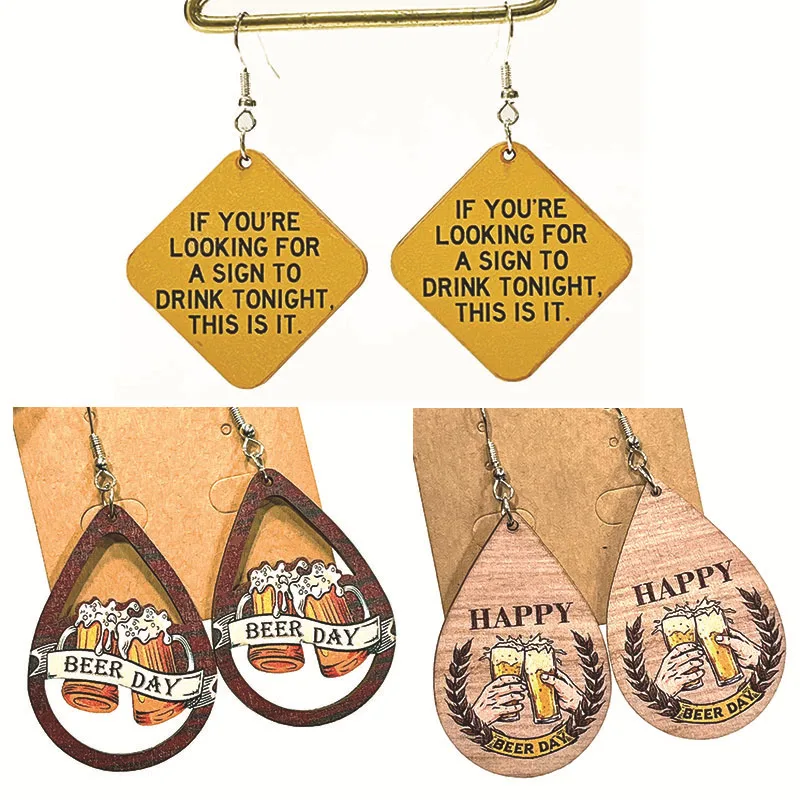 Beer Festival Wooden Hollow Earrings Fun Humorous Retro Happy Celebration Beer Drops Earrings For Women Gift