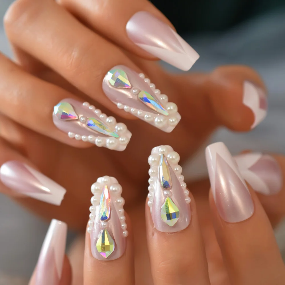 Fake Nails long Coffin Pearl Pink False Nail V Shape Luxury Jewelry Press On Finernails With AB Rhinestone Decorative