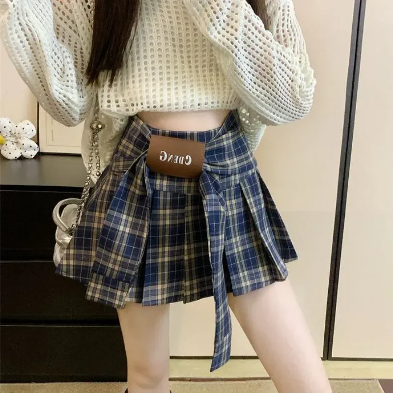 

Women's Plaid Pleated Skirt Bow Design High Waist A-line Preppy Style Mini Skirt