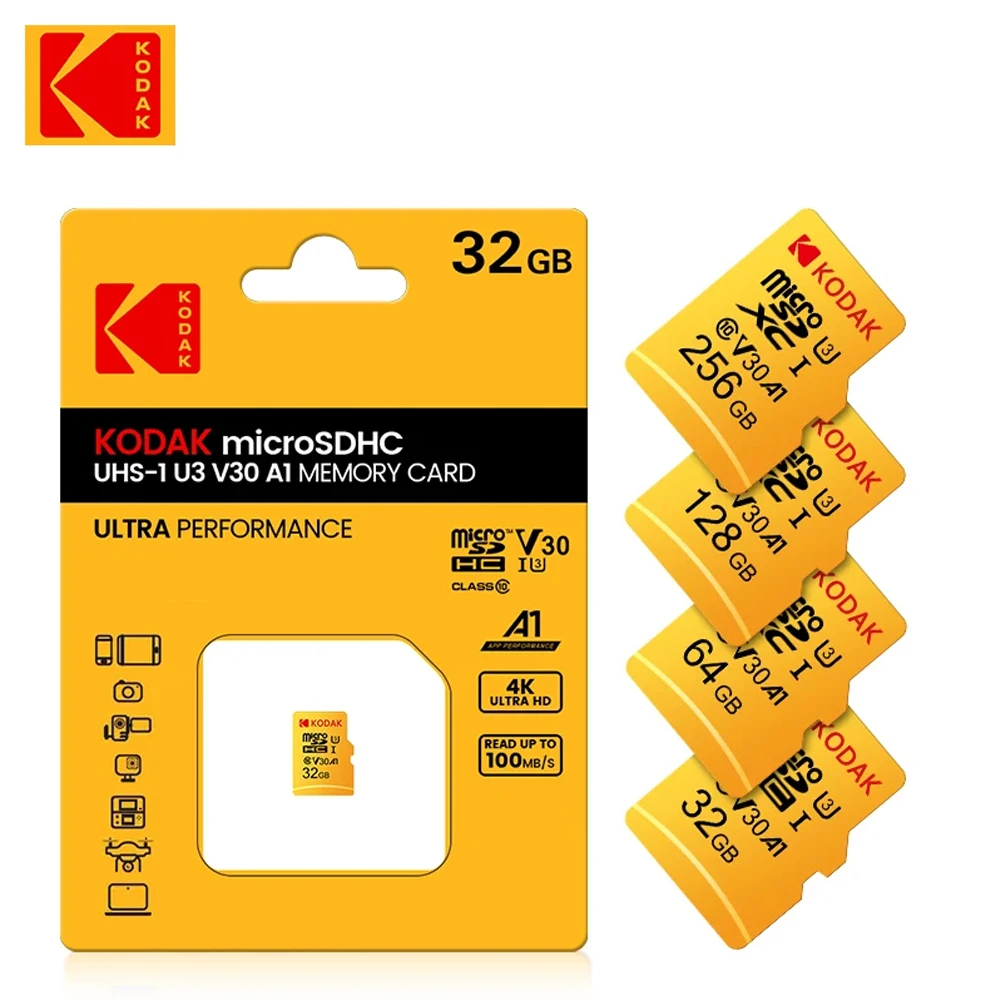 KODAK Micro SD 64GB 32GB Flash TF SD Card Class10 U3 V30 4K Memory Card 128GB 256GB For Phone Drone Camera