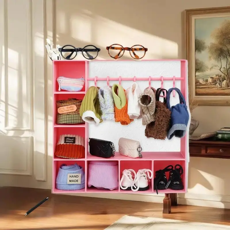 

Large Capacity Doll Clothes Closet Portable With 10 Hangers Clothes Storage For Figures Durable Cute Display Stand