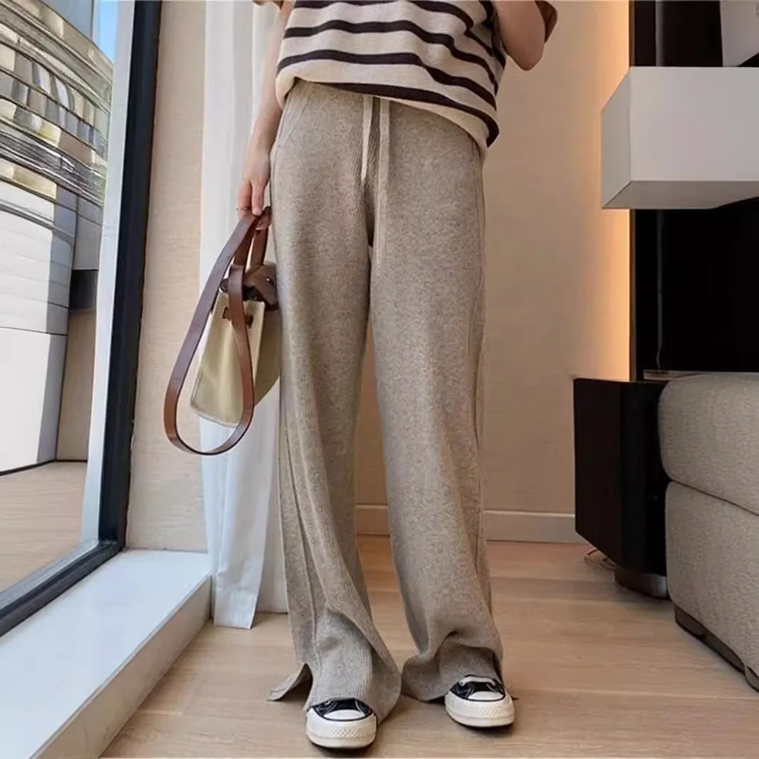 

2024 Autumn and Winter Casual Straight Leg Pants, High Waisted Pants, Loose Pants, Slit Knitted Women's Pants