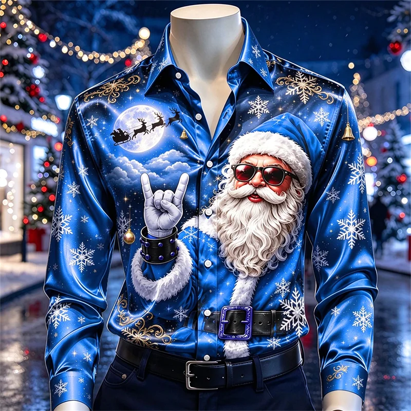 New men's shirt blue purple sunglasses Santa Claus moon reindeer pine forest snowflake print slim fit shirt