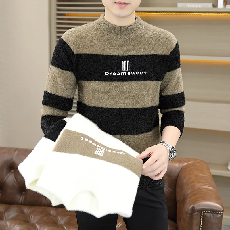 

Men's Autumn Winter Thiened Gold Mink Double-sided Fce Slim-fit Crew-ne Knitted Sweater Faionable Base Layer irt