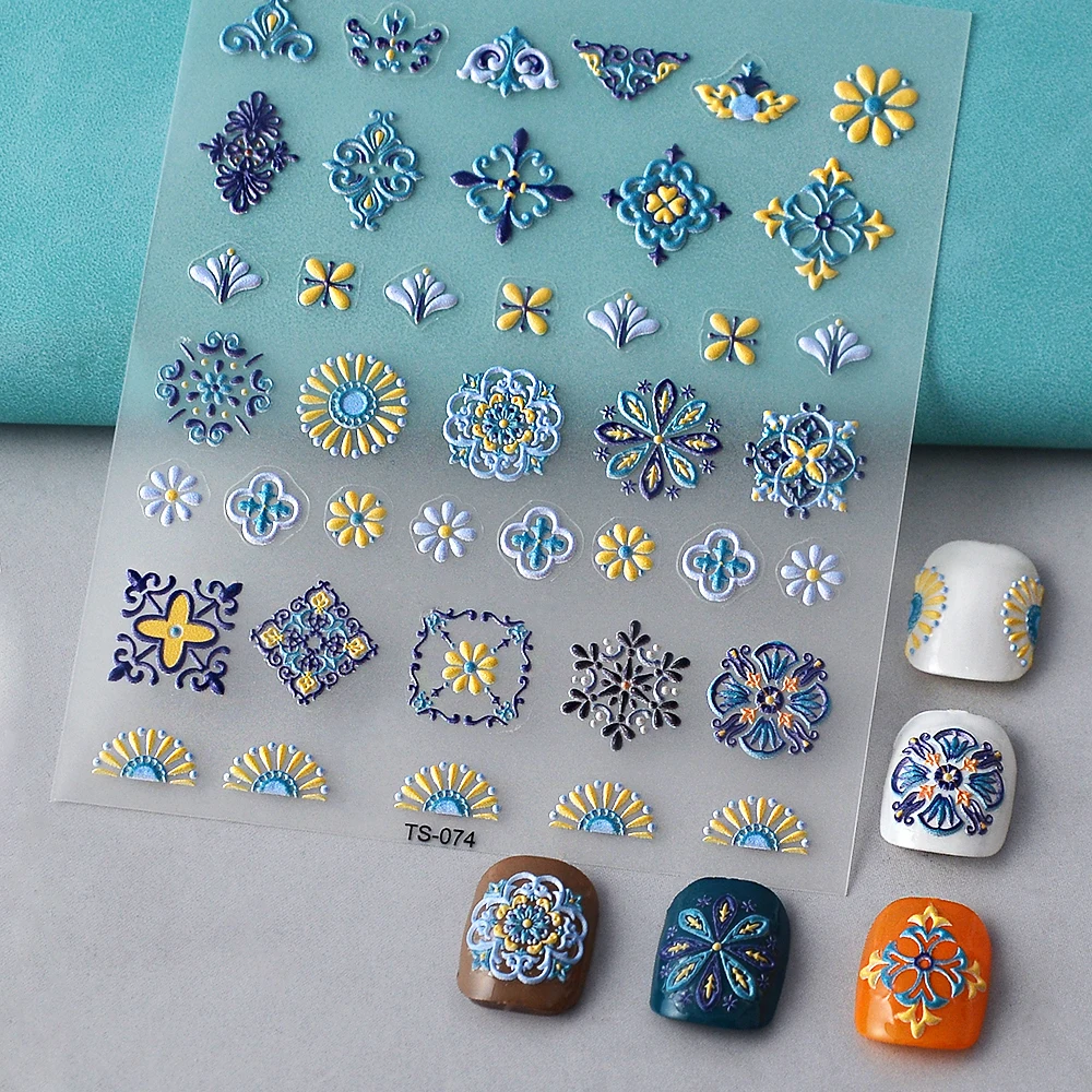 1PCS Bohemian Style 5D Nail Stickers Press on Nails Embossed Symphony Butterfly Flower Stickers Nail Decoration Decals