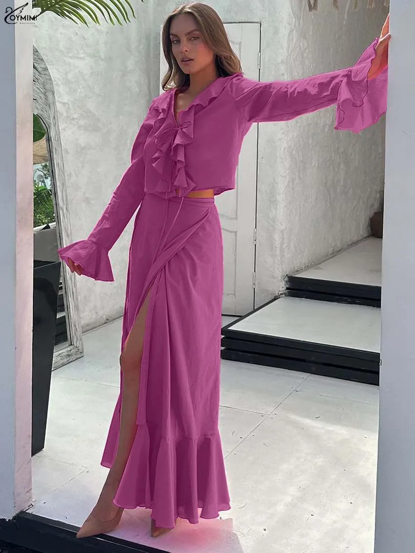 

Oymimi Fashion Pink Cotton Two Piece Outfits Woman Elegant Long Sleeve Ruffled Lace-Up Shirts + Pleated Ankle-Length Skirts Sets