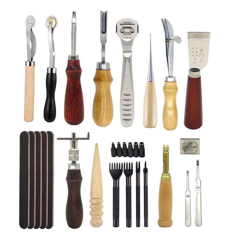 18pcs Professional Leather Sewing Tools Kit Includes Punch Saddle Groover Carving Stitching Accessories for Carving Sewing