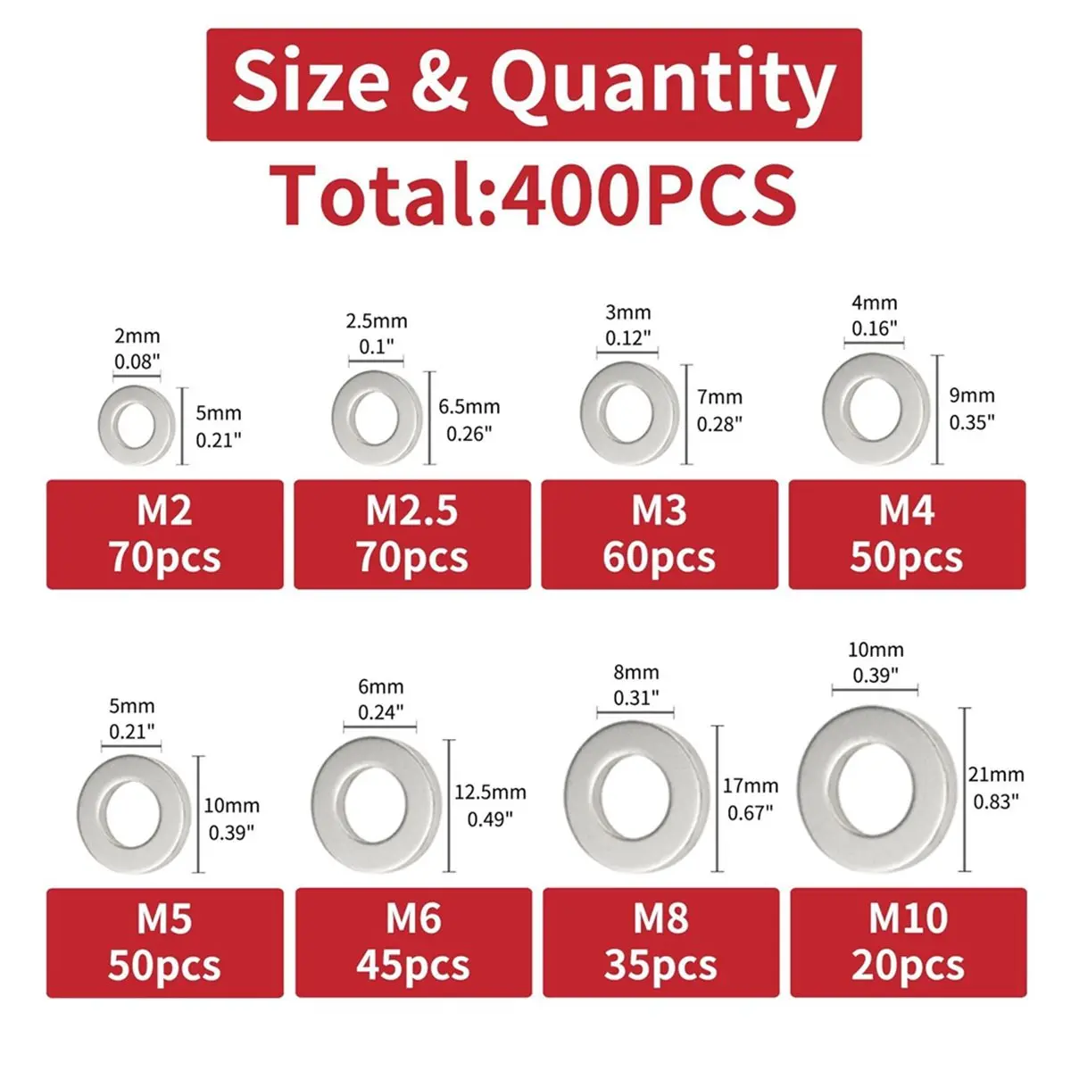STOCK-400pcs Flat Washer Assortment Kit Stainless Steel Flat Thin Gasket M2 M5 M6 M8 M10 Metal Threaded Gasket Flat Gasket