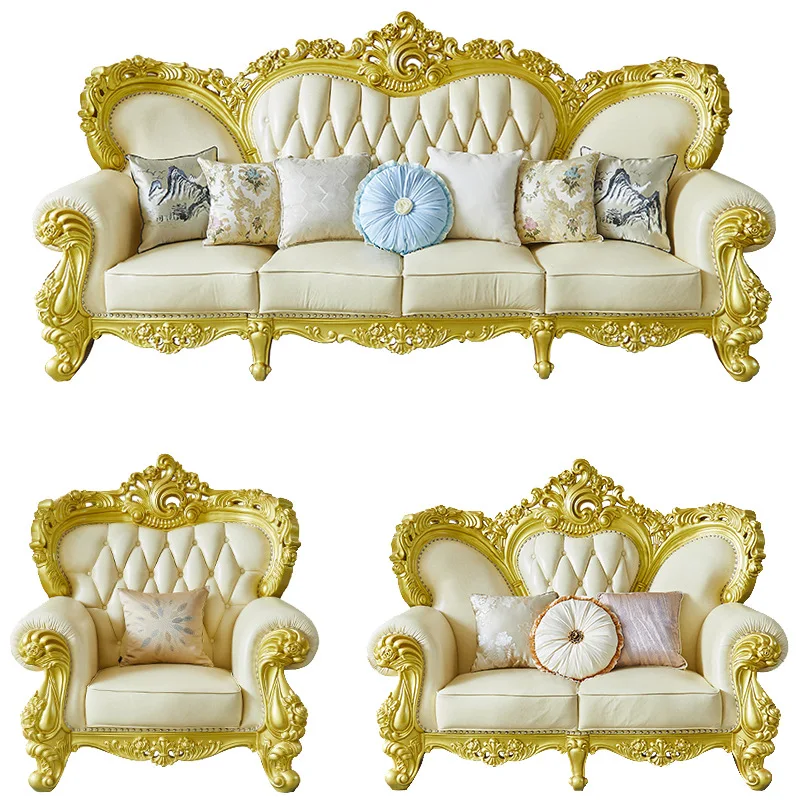 

Leather sofa French court solid wood double-sided engraving