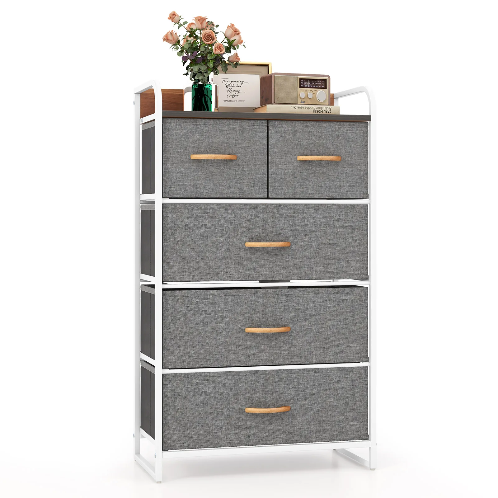 Commode with 5 fabric drawers, drawers wardrobe with metal frame & wood surface, storage s wardrobe side wardrobe for