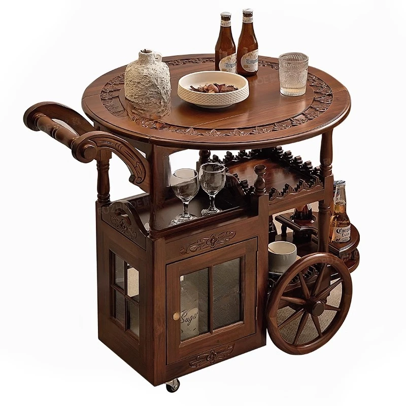 

Medieval orphan dining cart hand push all solid wood household double storage cart cabinet, mobile American living