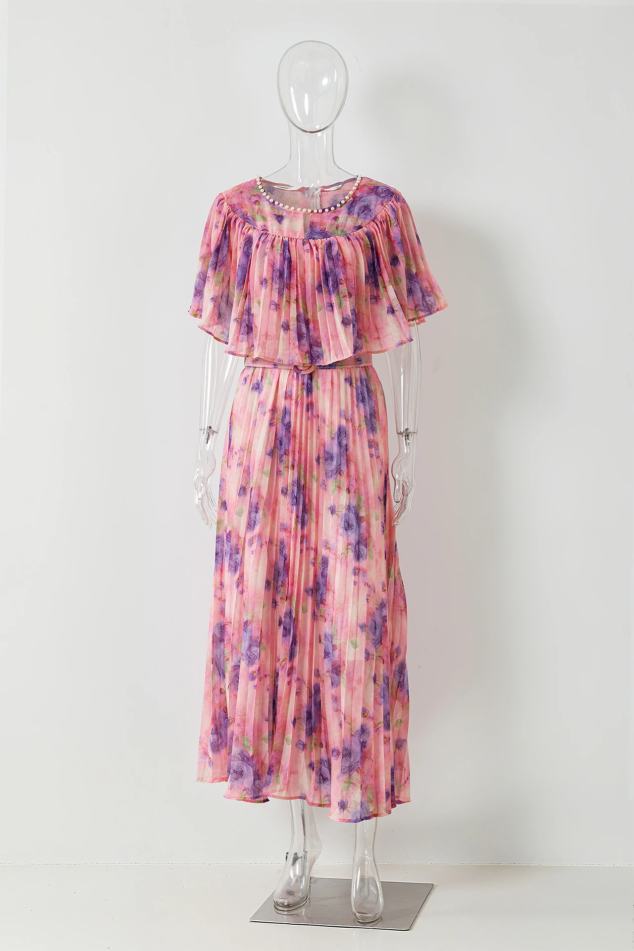 Vestido con estampado bohemio y manga de hoja de loto con cuello redondo y cuentas, vestidos largos plisados ajustados con cintura de lujo francesa, vestido de vacaciones de verano para mujer