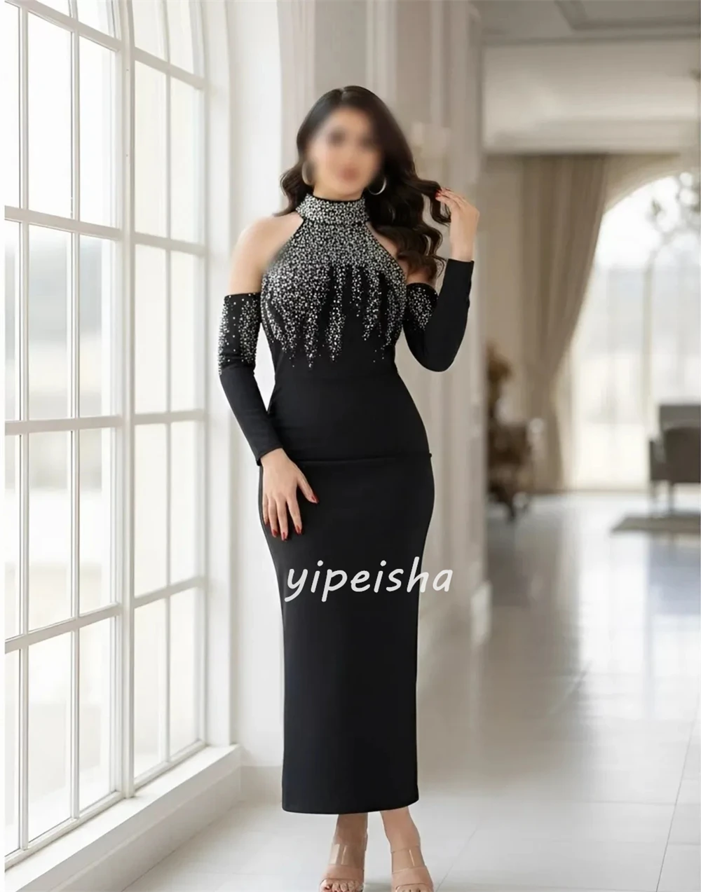 أزياء مخصصة أنيقة جيرسي مطرزة الديكور مستقيم عالية الياقة طول الكاحل فساتين مناسبة مخصصة فساتين مطابقة #3