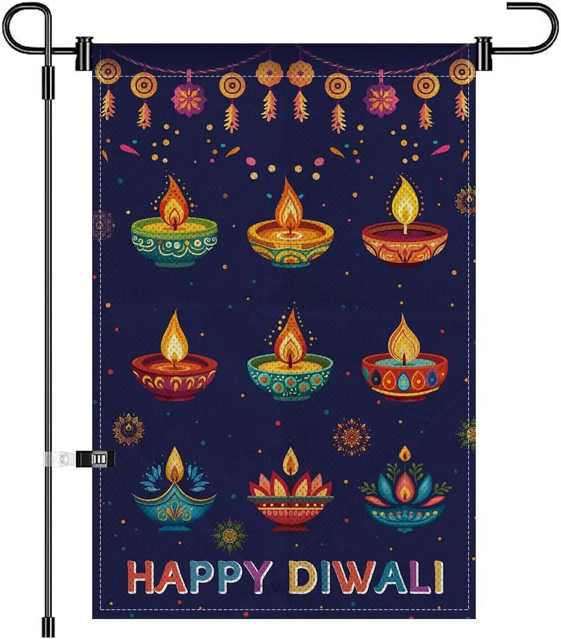 Happy Diwali Garden Flag Purple Decorative Elephant Design Lotus Flower Oil Lamp Banner for Indian Diwali Outdoor Garden