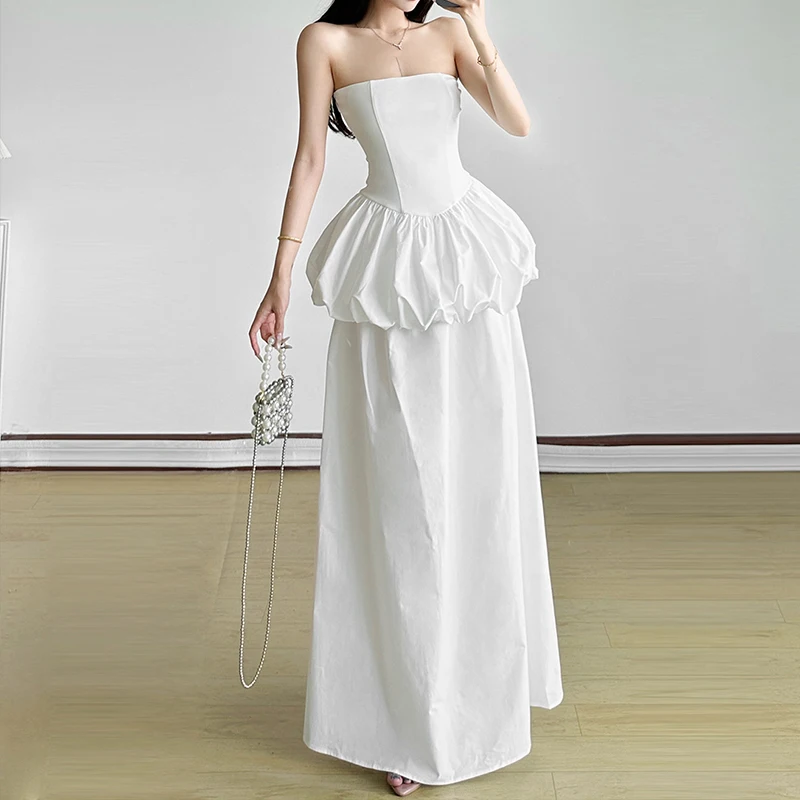 

OMSJ пушистые топы без бретелек с открытой спиной и рюшами в виде бутона цветка + длинные юбки с эластичной резинкой на талии, модный сексуальный однотонный уличный наряд из двух предметов