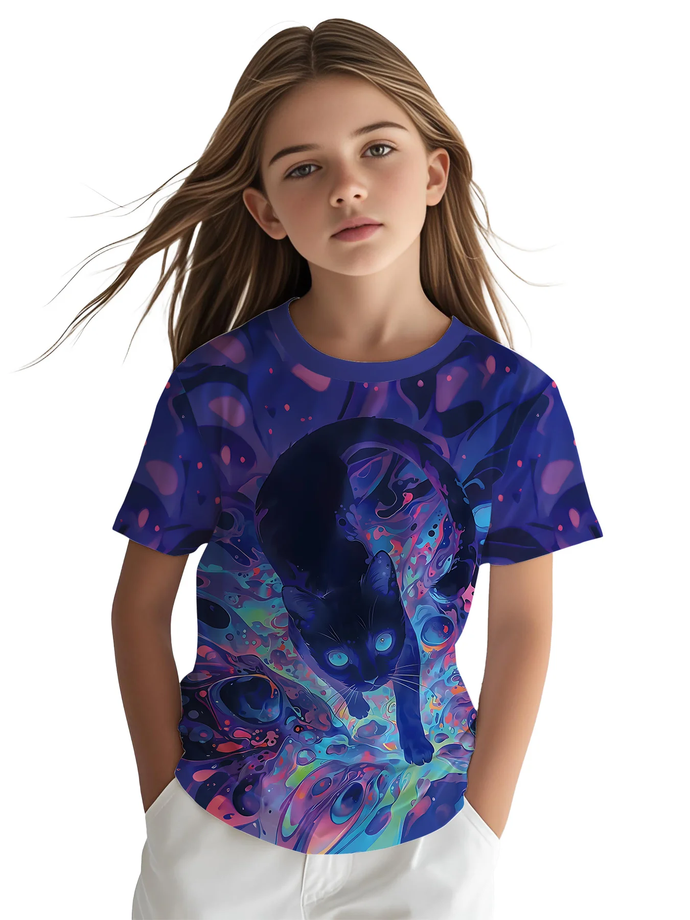 Girls Fantasy Cat T-Shirt, Vibrant Rainbow Fluid Art Black Kitty Pattern Casual Kids Graphic Top