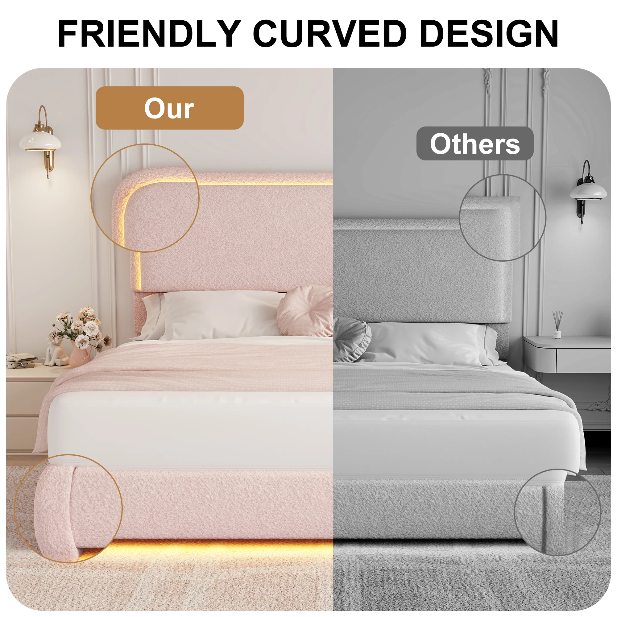 SIBEDS Queen Teddy Fleece Upholstered Bed Frame with LED Lights, Modern Cloud Platform Bed with Curved Headboard & Footboard, Thickened Rounded Corners, No Box Spring Needed, Cream