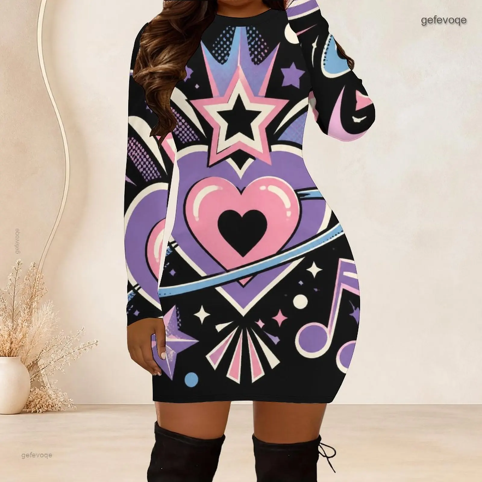 Women Crew Neck Long Sleeve Bodycon Mini Dress Slim Fitted Pencil Short Dress Custom Print Ladies Club Party Dresses