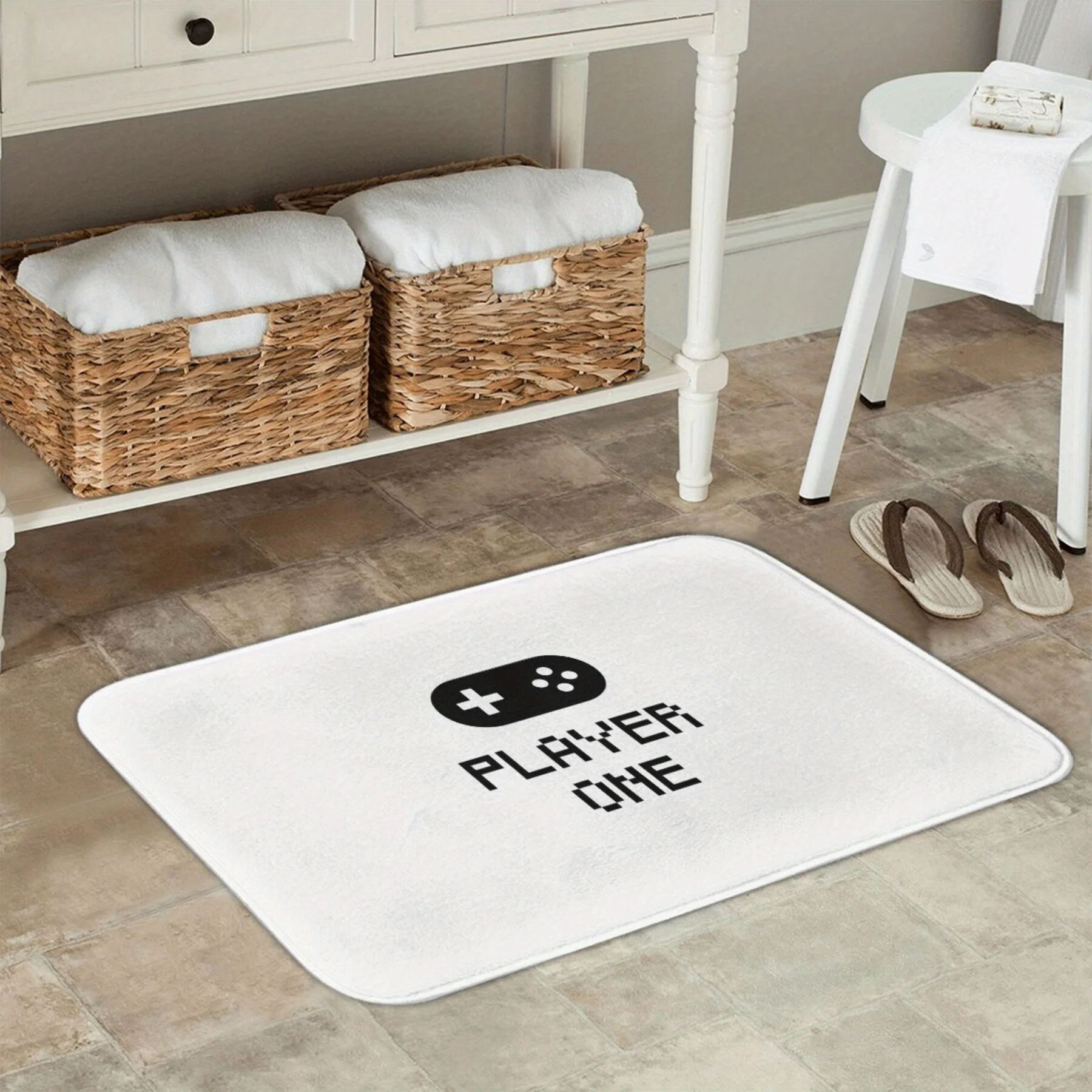 1pc of Flannel Doormat for Outdoor And Indoor Use, a Souvenir And Holiday Gift, Featuring a Player One Gaming Theme. This White