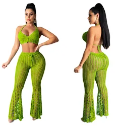 Sexy Women Knitted Set Two Pieces Set Halter Backless Bra Crop Top Pants Crocheted 2 Pieces Set Hollow Out Crochet Beach Set