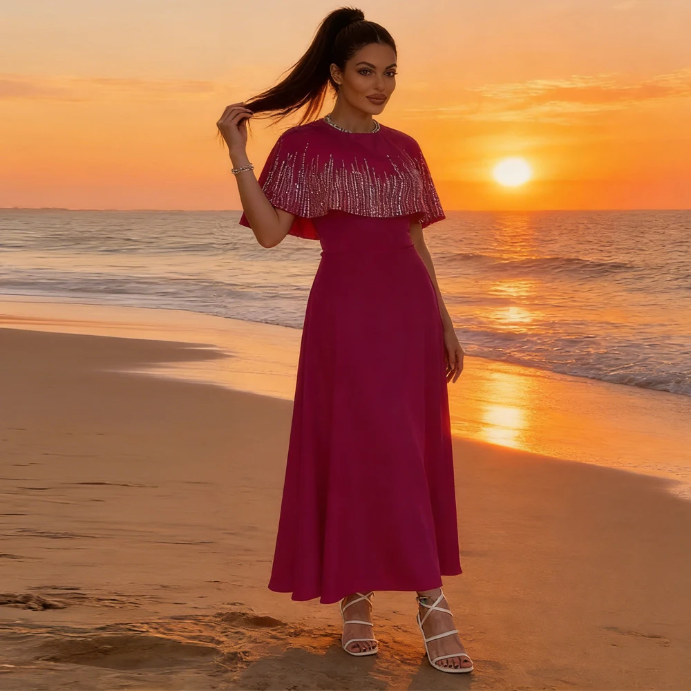 

Eid Cloak Cape Sleeve Evening Party Dresses Women Muslim Dress Dubai Abaya Diamonds Kaftan Turkey Robe Djellaba Islam Jalabiya