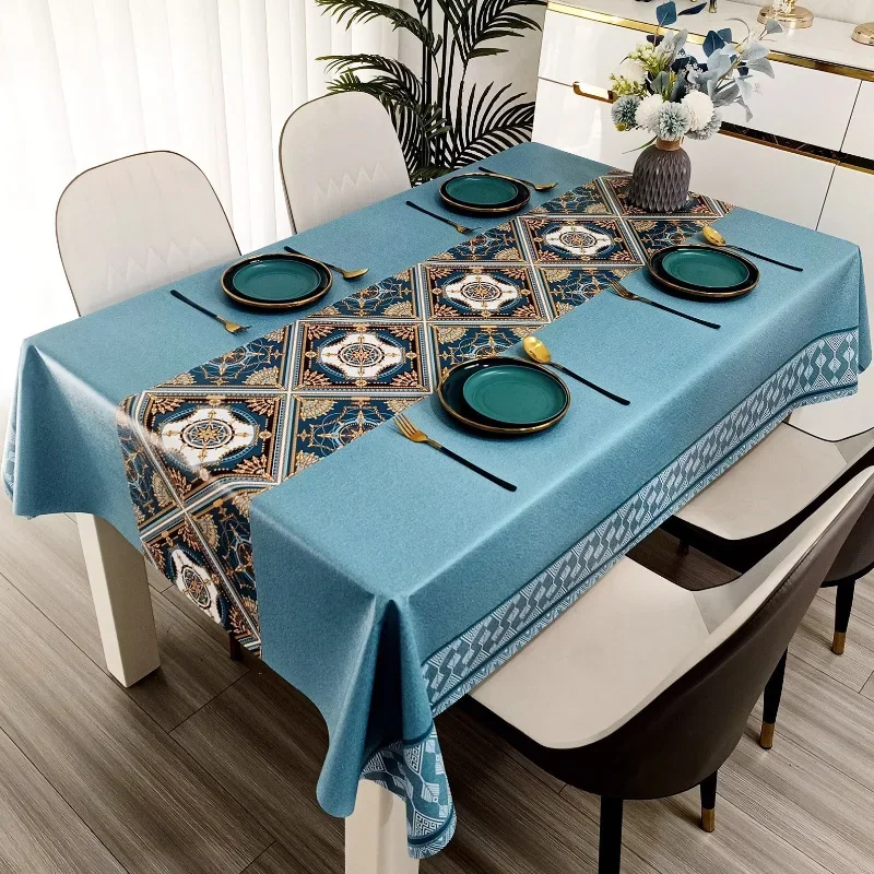 PVC New Tablecloth Waterproof Oil-proof and Anti-scalding Blue Rectangular Table Cloth Wear-resistant Durable and Anti-wrinkle