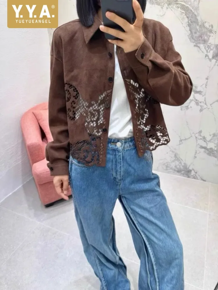 Autunno di alta qualità in vera pelle scamosciata ricamata scava fuori giacca femminile colletto couverture cappotto corto sottile in pelle di pecora naturale