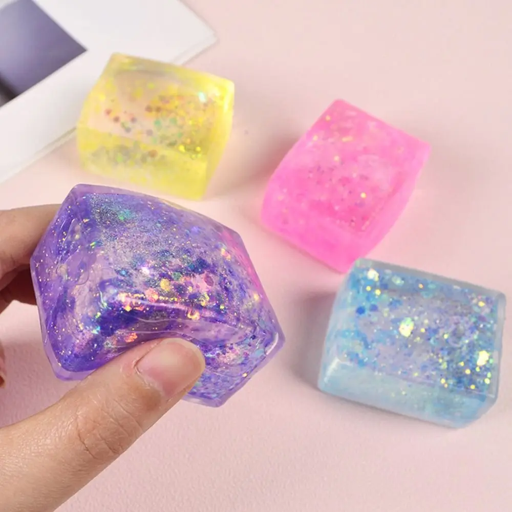 Polar Light Transparent Cube Fidget Toy Mochi Ice Block Glitter Colorful Simulated Tofu Fidget Toy Colorful TPR Block