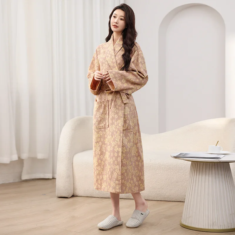 Lengthened Robe Kimono Bath Gown Women Pure Cotton Double Layered Gauze Jacquard Women's Cosy Water Uptake Sleepwear Nightgown