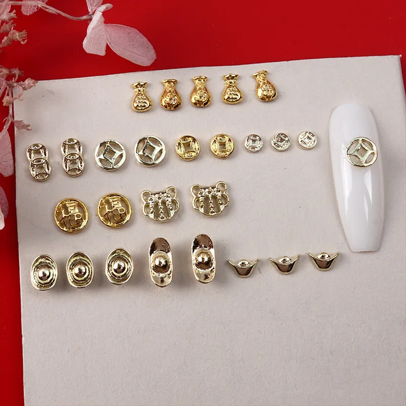 30PCS Gold Silver Copper Coins Lucky Bags Fu Gold Ingots Alloy Nail Art Rhinestones Decorations Manicure Chinese New Year Charms