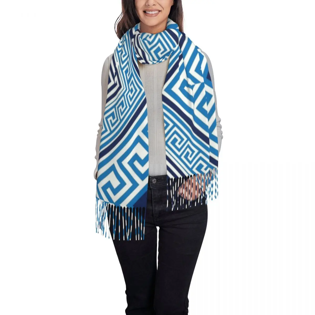 Greek Key Ornament Shawl Wraps Women Warm Long Soft Scarf Geometric Neckerchief Tassel Scarves