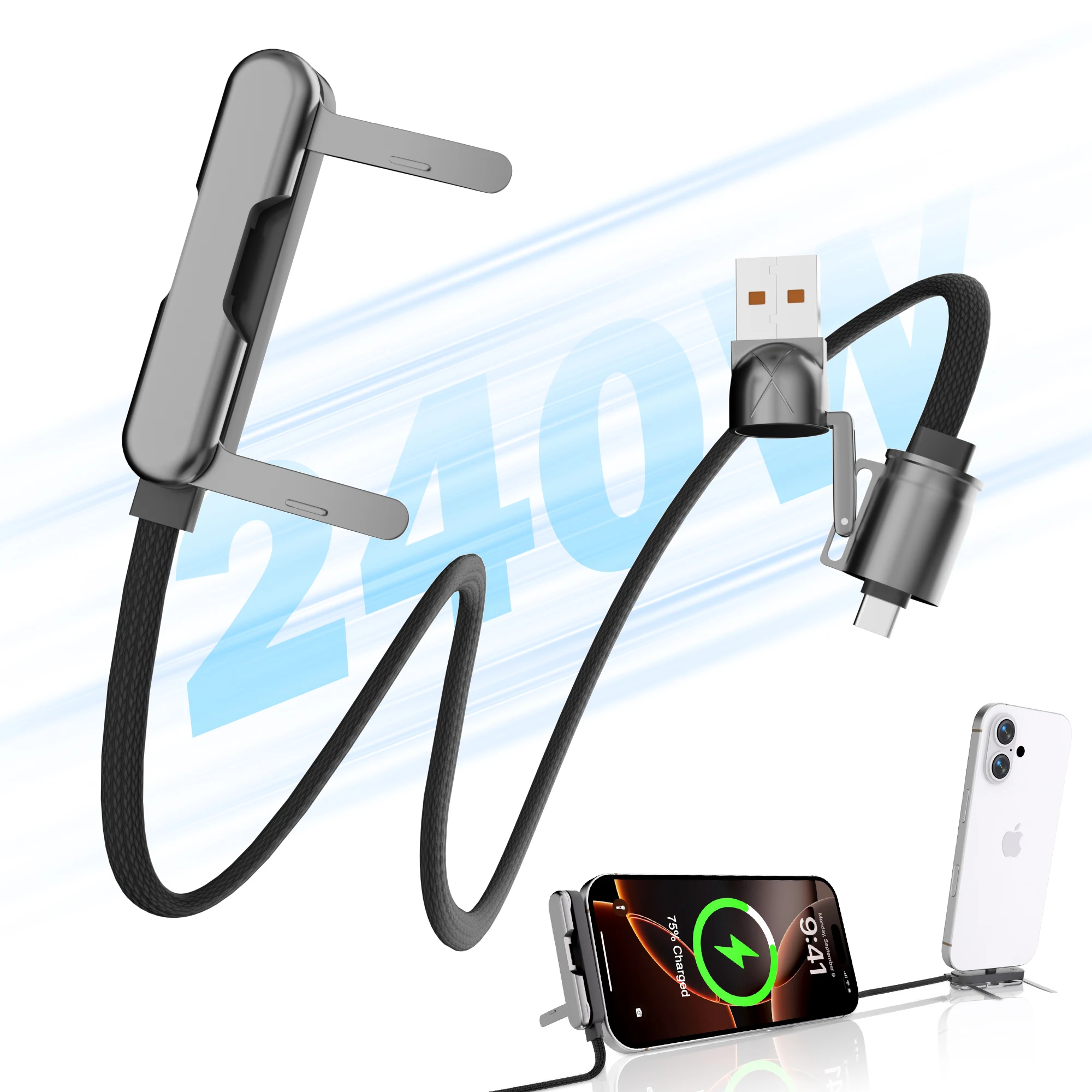 

240W 2-in-1 Charger with 360° Smart Rotating Phone Stand, USB & Type-C Adapter for Car Home Office – Fast Charging
