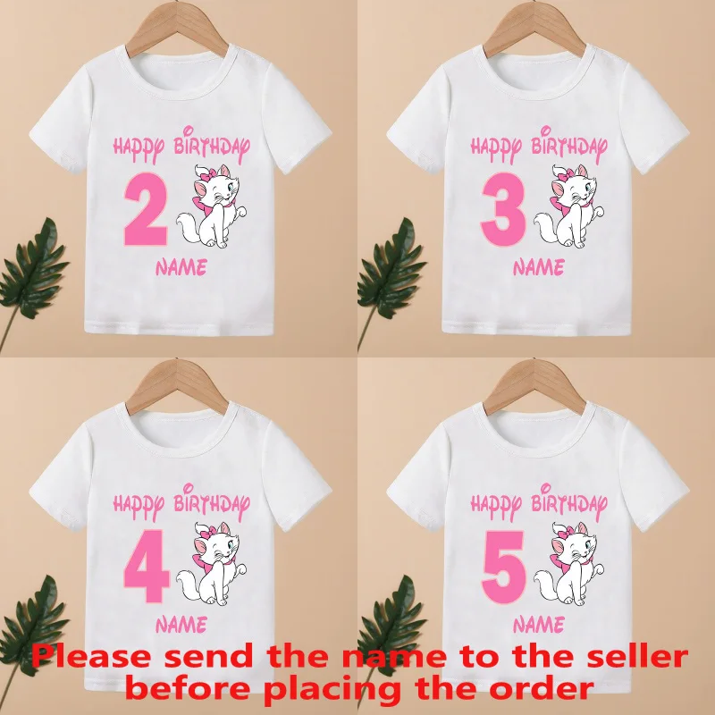 Cute Marie Cat Print Cartoon Girls Clothes 1 2 3 4 5 6 7 8 9 Years Happy Birthday Custom Name Kids T shirt Baby Children T-Shirt