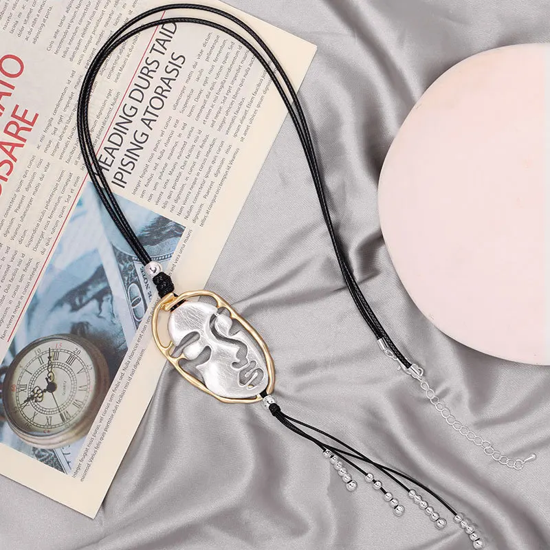 Kaseakia Face Shape Metal Tassel Pendant Sweater Chain Long Necklace for Women