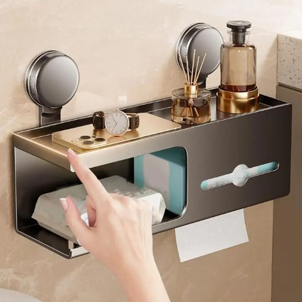 

Держатель для туалетной бумаги на присоске из углеродистой стали Съемный держатель для бумажных полотенец без перфорации Экономия места Настенная полка для хранения