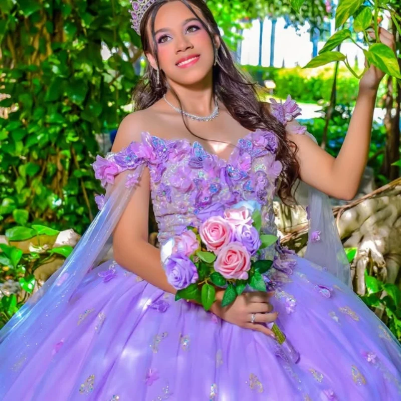 

Purple Quinceanera Dress off-shoulder Glitter 3D Flower Crystal butterfly Decal Long tail Vestidos De 15 Quinceanera ﻿Customize