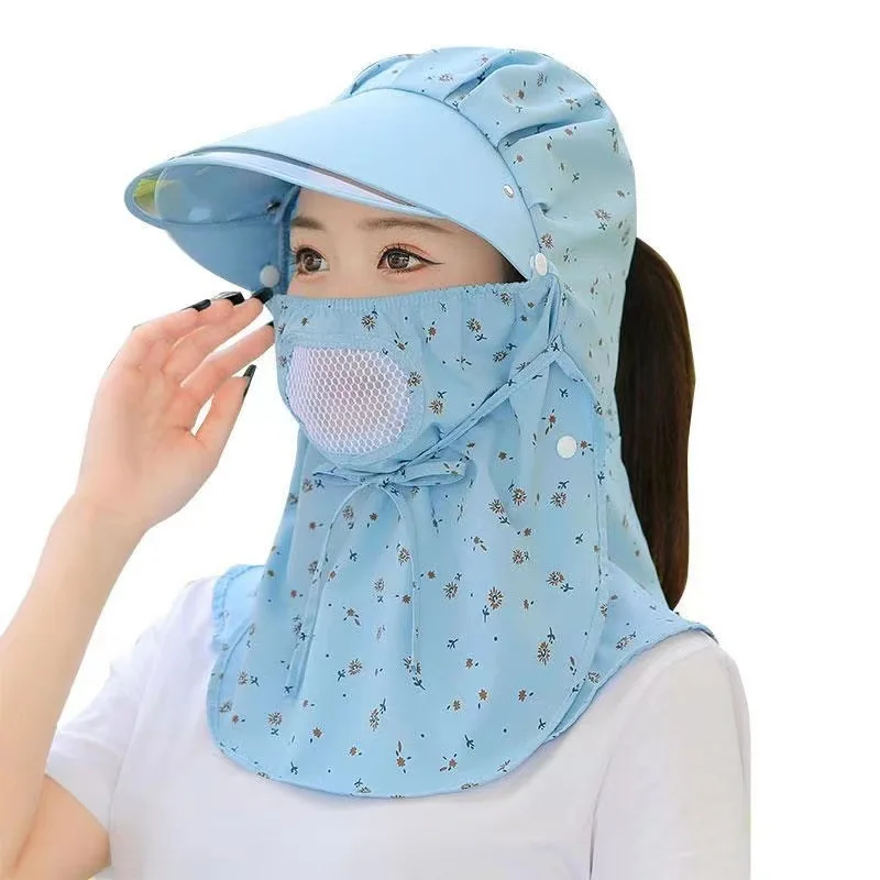 Women Outdoor Riding Anti-UV Sun Hat Foldable Big Brim Hats Neck Face Protection Detachable Mask Sunscreen Breathable Caps