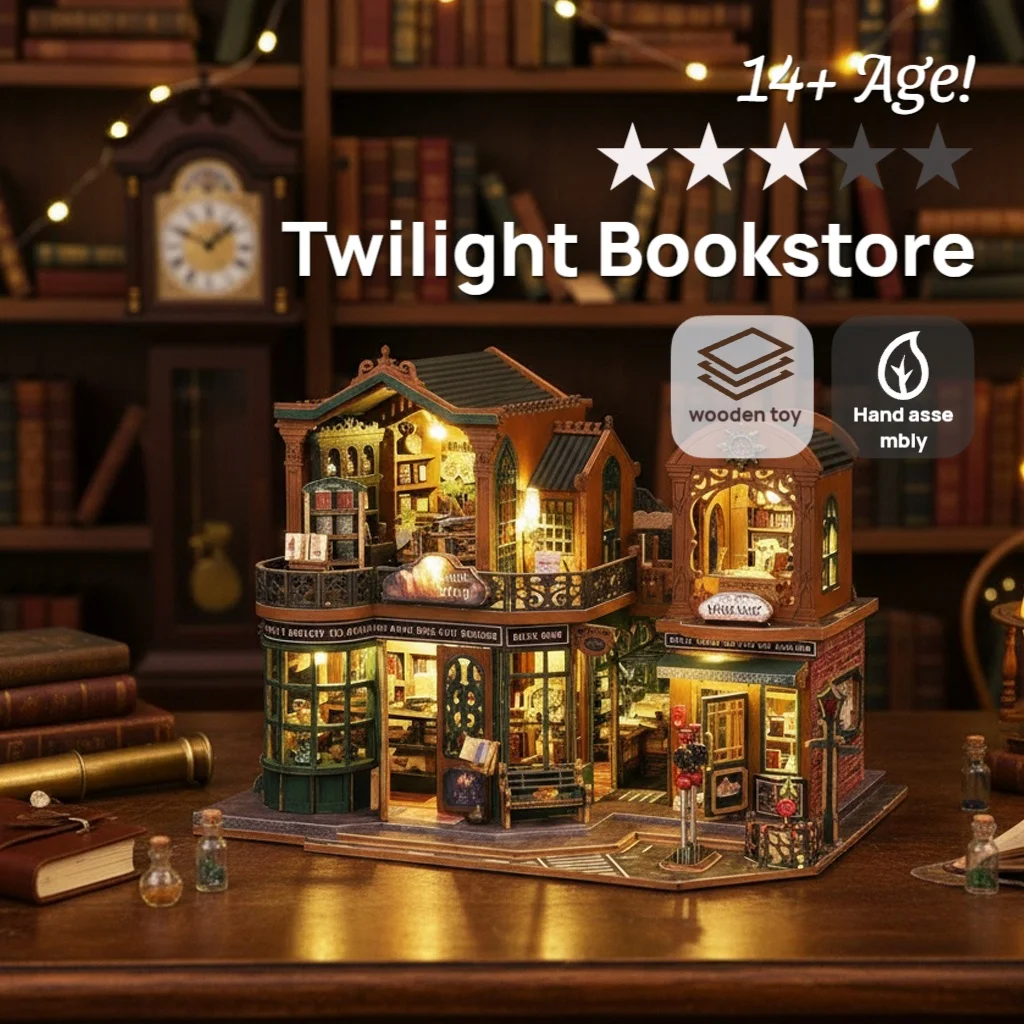 

OUZEY Wooden Dollhouse DIY Kit - "Evening Bookstore" Theme with Miniature Furniture, Handmade Assembly Model Toy Birthday Gift