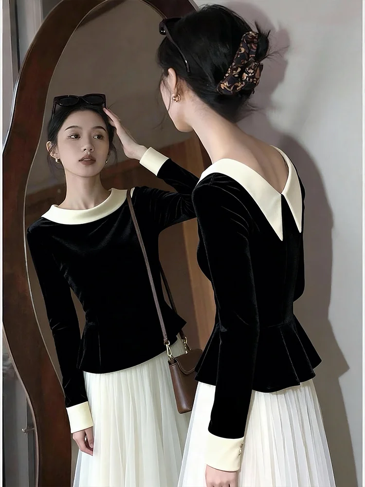 

Бархатная базовая рубашка с длинными рукавами, женская осенне-зимняя внутренняя одежда, облегающий крой, цветные блоки, корейский стиль, повседневный модный топ