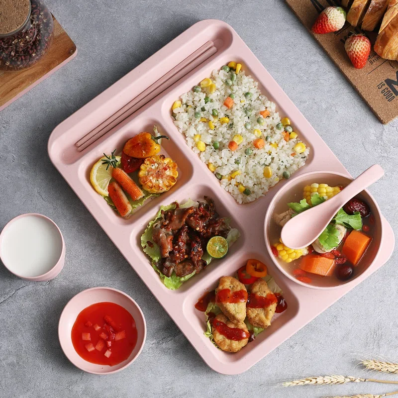 6pcs/Set Feeding Bowl Creative Wheat Straw Dinner Plate Set Home Use Student Grid Snack Plate Thickened Canteen Rice Plate Bowl