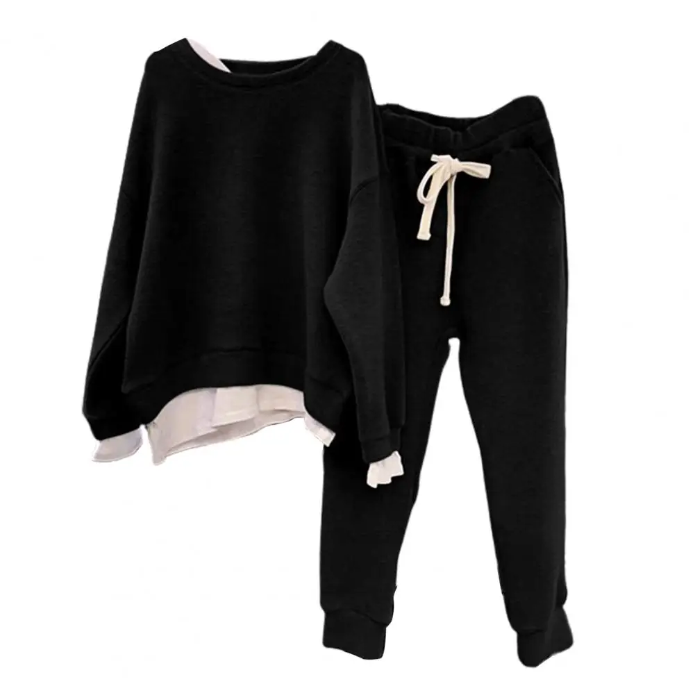 Chic Women Sweatshirt Pants Set Pockets Sweatshirt Sweatpants Set Solid Color Round Neck Autumn Top Pants Suit Warm