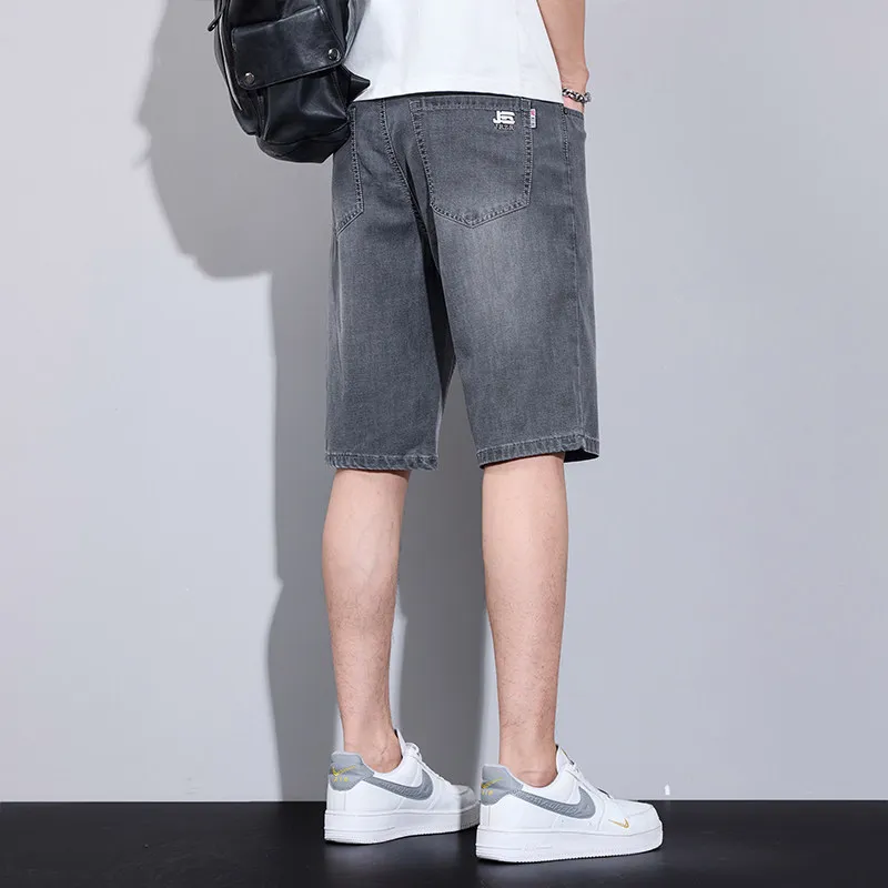 Denim Shorts Men's Summer Thin Loose Straight Ice Silk Casual Five-point Medium Pants