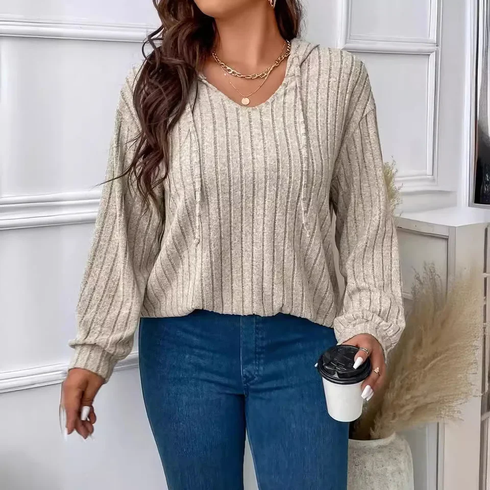 2026 Autumn/Winter New Solid Color Women's Top V-neck Hoodie Long Sleeve Pit Strip T-shirt Loose