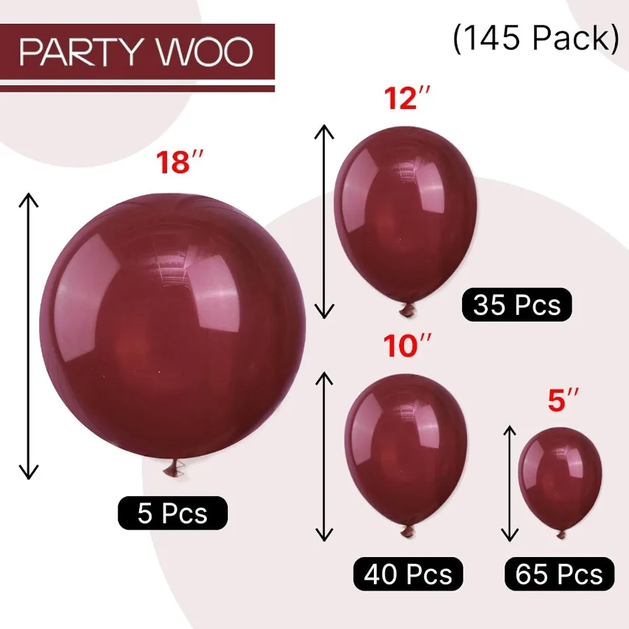 Palloncini bordeaux 145 pezzi di diverse dimensioni Confezione da 18 12 10 5 pollici Kit arco per palloncini autunnali rosso scuro marrone ghirlanda per la laurea