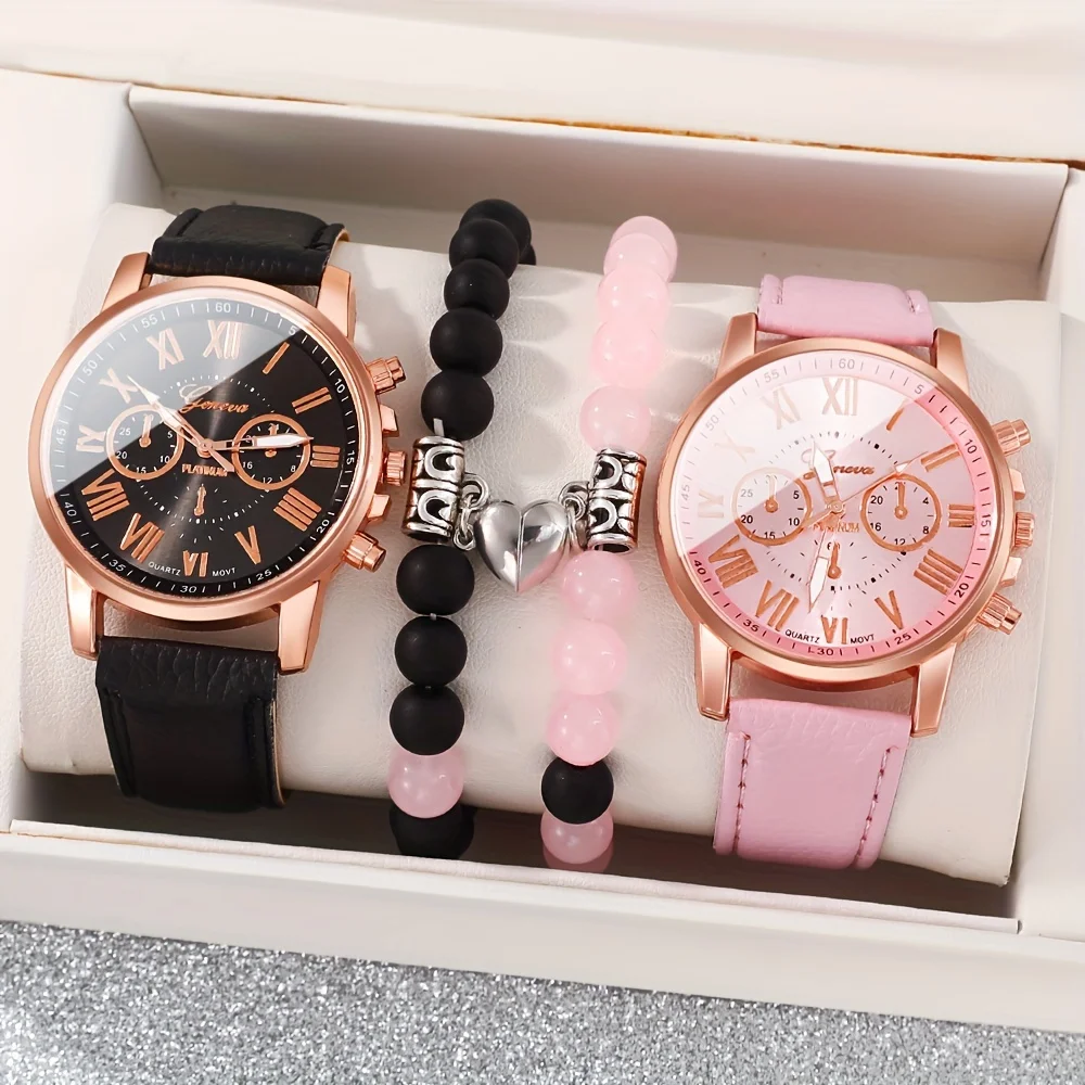 

4PCs pre-school style couple quartz watch suit, with round zinc alloy case, PU leather belt-unisex casual analog display Watch