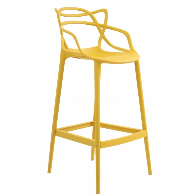 Taburete de bar de plástico de polipropileno amarillo con reposabrazos nórdico de altura de mostrador con reposapiés