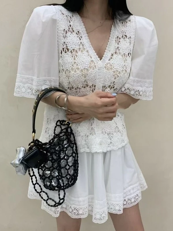

Korean Sle Bubble Sve V-Ne Top And f Skirt Set Vintage Hook Flower Splicing Women's Faion Ensemble Summer 2025