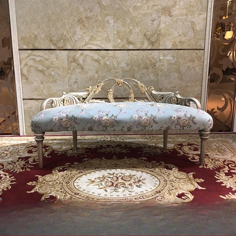 

Французский прикроватный табурет из цельного дерева, классическая кровать в европейском стиле с резьбой, табурет для пеленания обуви, прикроватная скамейка